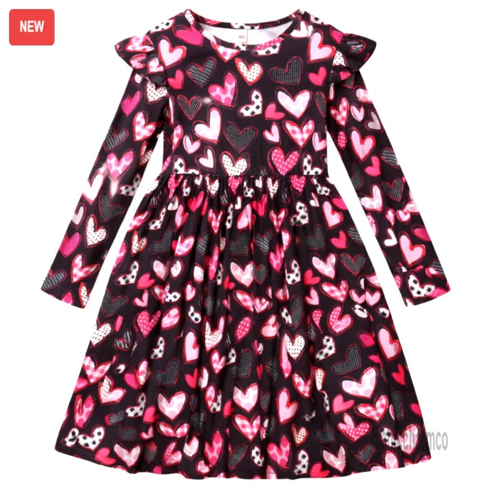 Girls Valentine Heart Print Dress Polyester Elastane Kids Size 4-12